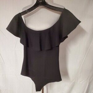 Chrissy Teigen X Revolve Ruffle Neck Off the Shoulder Scoop Neck Black Bodysuit